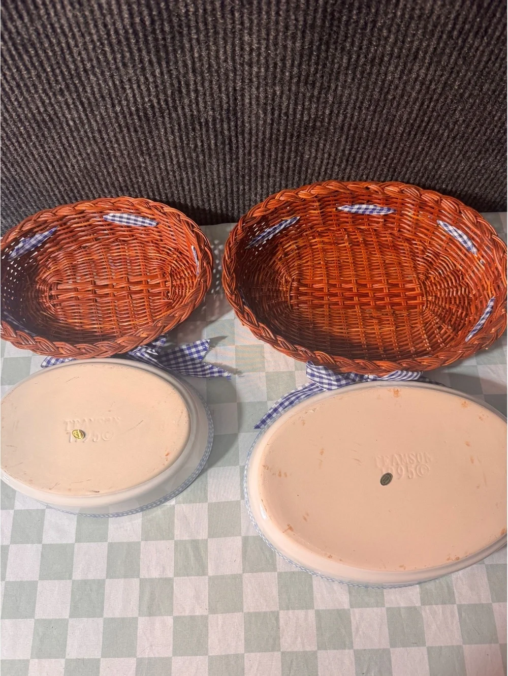 Teamson 1995 Oval Serving Bowls with Wicker Holders and Blue Gingham